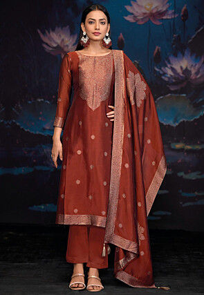 Woven Art Silk Jacquard Pakistani Suit in Rust