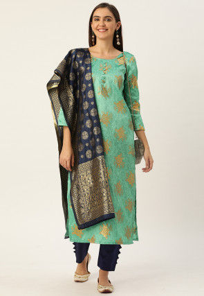 Woven Art Silk Jacquard Pakistani Suit in Sea Green
