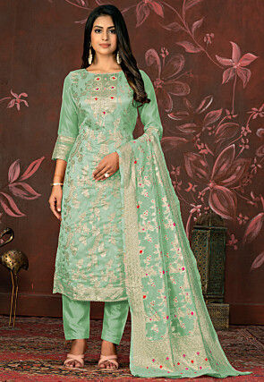 Woven Art Silk Jacquard Pakistani Suit in Sea Green