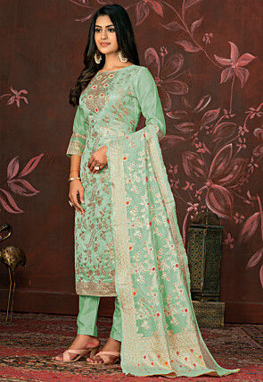 Woven Art Silk Jacquard Pakistani Suit in Sea Green