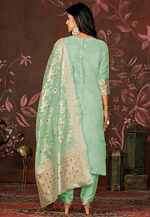 Woven Art Silk Jacquard Pakistani Suit in Sea Green