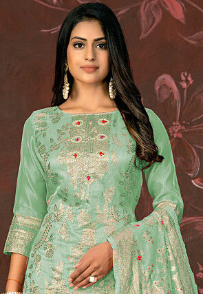 Woven Art Silk Jacquard Pakistani Suit in Sea Green