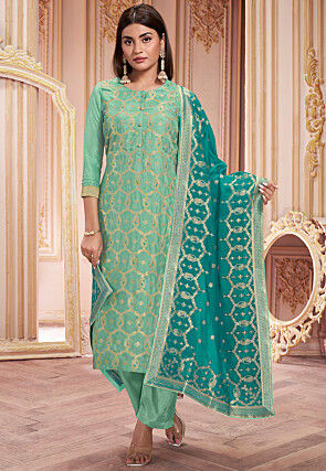 Woven Art Silk Jacquard Pakistani Suit in Sea Green