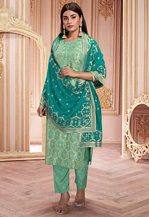 Woven Art Silk Jacquard Pakistani Suit in Sea Green