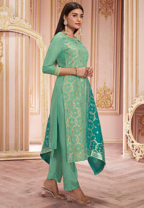 Woven Art Silk Jacquard Pakistani Suit in Sea Green
