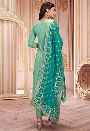 Woven Art Silk Jacquard Pakistani Suit in Sea Green