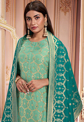 Woven Art Silk Jacquard Pakistani Suit in Sea Green