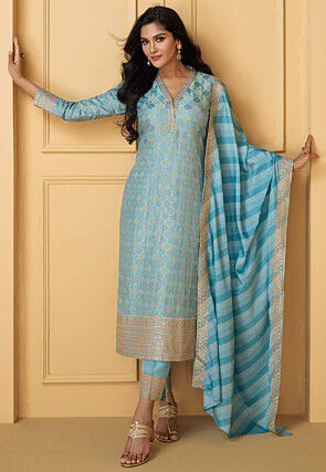 Woven Art Silk Jacquard Pakistani Suit in Sky Blue