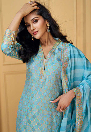 Woven Art Silk Jacquard Pakistani Suit in Sky Blue