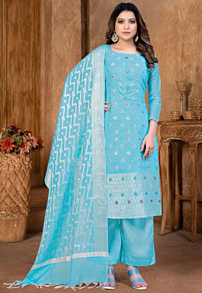 Woven Art Silk Jacquard Pakistani Suit in Sky Blue