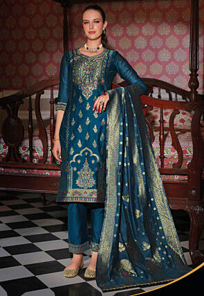 Woven Art Silk Jacquard Pakistani Suit in Teal Blue