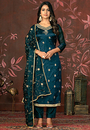 Woven Art Silk Jacquard Pakistani Suit in Teal Blue