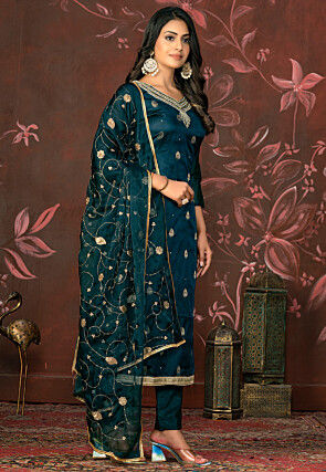 Woven Art Silk Jacquard Pakistani Suit in Teal Blue
