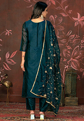 Woven Art Silk Jacquard Pakistani Suit in Teal Blue