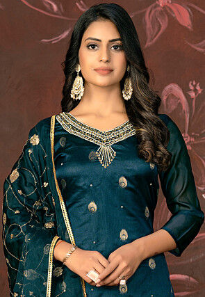 Woven Art Silk Jacquard Pakistani Suit in Teal Blue