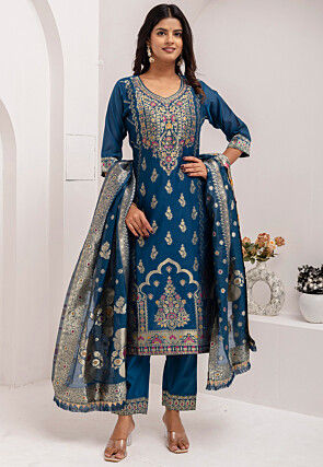Woven Art Silk Jacquard Pakistani Suit in Teal Blue