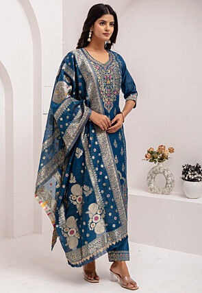 Woven Art Silk Jacquard Pakistani Suit in Teal Blue