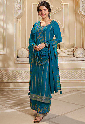 Woven Art Silk Jacquard Pakistani Suit in Teal Blue