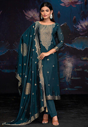 Woven Art Silk Jacquard Pakistani Suit in Teal Blue