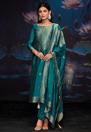 Woven Art Silk Jacquard Pakistani Suit in Teal Blue