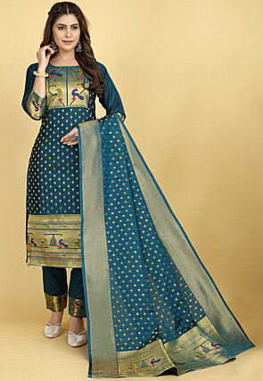 Woven Art Silk Jacquard Pakistani Suit in Teal Blue