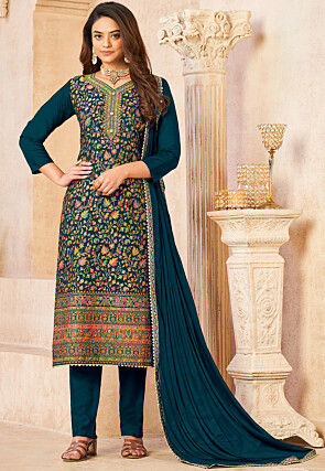 Woven Art Silk Jacquard Pakistani Suit in Teal Blue