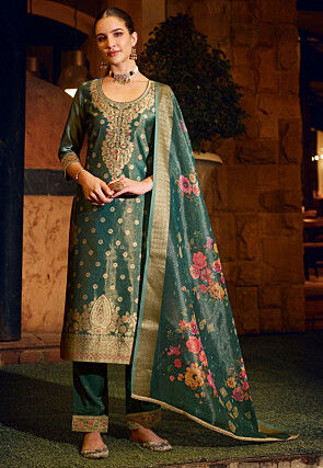 Woven Art Silk Jacquard Pakistani Suit in Teal Green