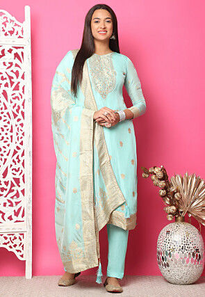 Woven Art Silk Jacquard Pakistani Suit in Turquoise