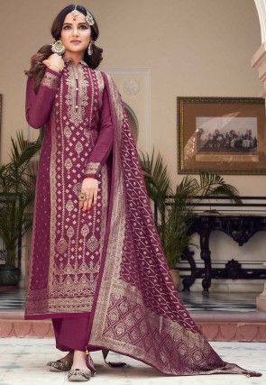 Woven Art Silk Jacquard Pakistani Suit in Wine