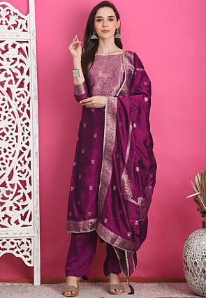 Woven Art Silk Jacquard Pakistani Suit in Wine