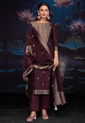Woven Art Silk Jacquard Pakistani Suit in Wine