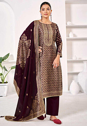Woven Art Silk Jacquard Pakistani Suit in Wine