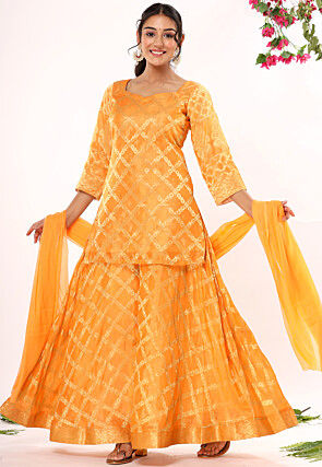 Woven Art Silk Jacquard Pakistani Suit in Yellow