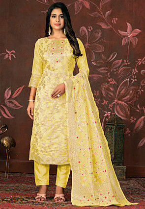 Woven Art Silk Jacquard Pakistani Suit in Yellow