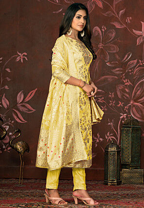 Woven Art Silk Jacquard Pakistani Suit in Yellow