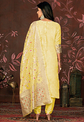 Woven Art Silk Jacquard Pakistani Suit in Yellow