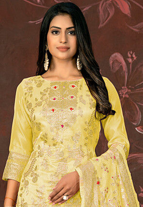 Woven Art Silk Jacquard Pakistani Suit in Yellow