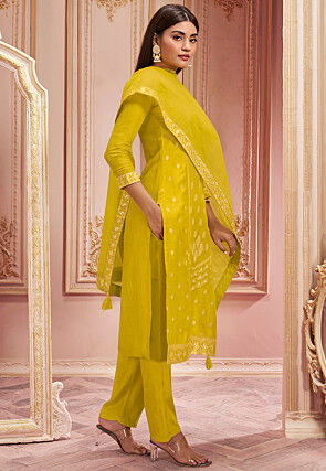 Woven Art Silk Jacquard Pakistani Suit in Yellow