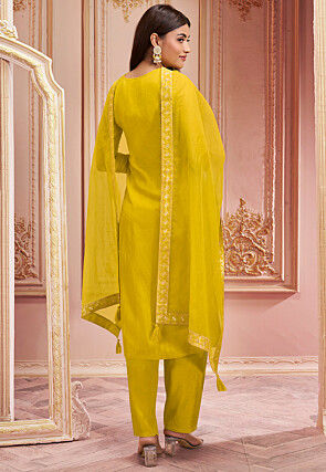 Woven Art Silk Jacquard Pakistani Suit in Yellow