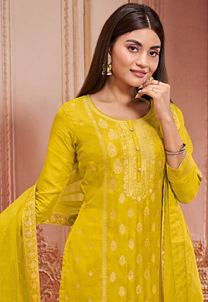 Woven Art Silk Jacquard Pakistani Suit in Yellow