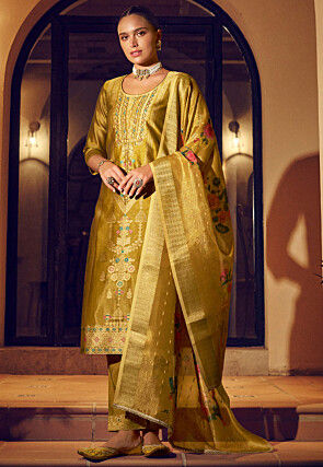 Woven Art Silk Jacquard Pakistani Suit in Yellow
