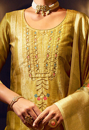 Woven Art Silk Jacquard Pakistani Suit in Yellow