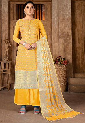 Woven Art Silk Jacquard Pakistani Suit in Yellow