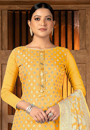 Woven Art Silk Jacquard Pakistani Suit in Yellow