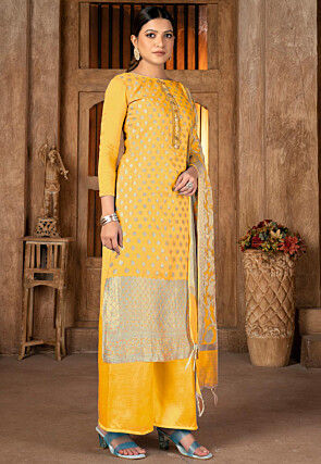 Woven Art Silk Jacquard Pakistani Suit in Yellow