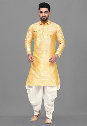 Woven Art Silk Jacquard Pathani Suit in Light Yellow