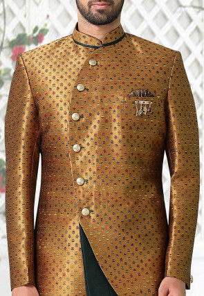 Woven Art Silk Jacquard Pleated Sherwani in Golden