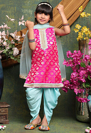 Woven Art Silk Jacquard Punjabi Suit in Fuchsia