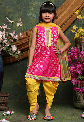 Woven Art Silk Jacquard Punjabi Suit in Fuchsia