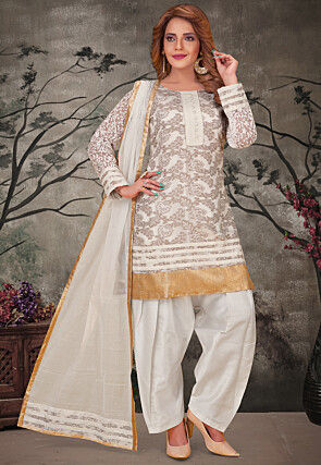 Woven Art Silk Jacquard Punjabi Suit in Off White